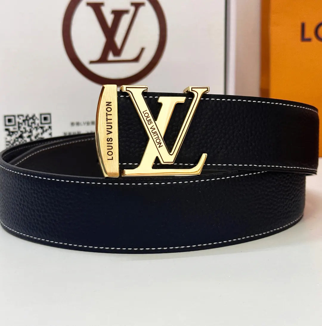 LV Black Leather Belt Gold Buckle - Hình 3