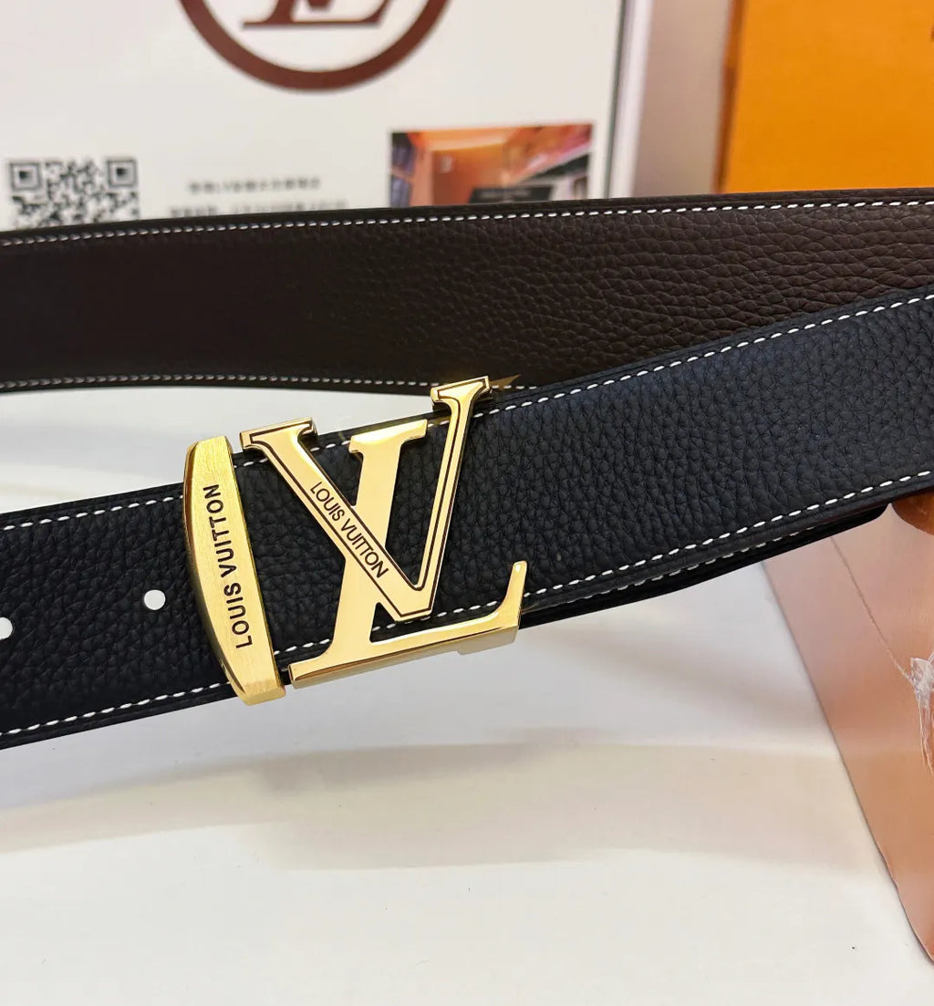 LV Black Leather Belt Gold Buckle - Hình 5