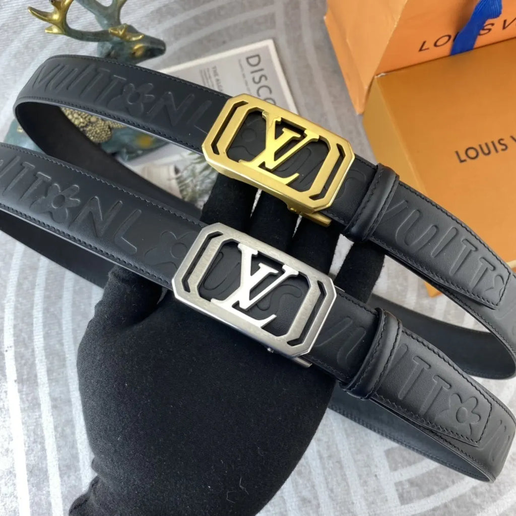 gold Louis Vuitton Embossed Black Leather Belt - Hình 9