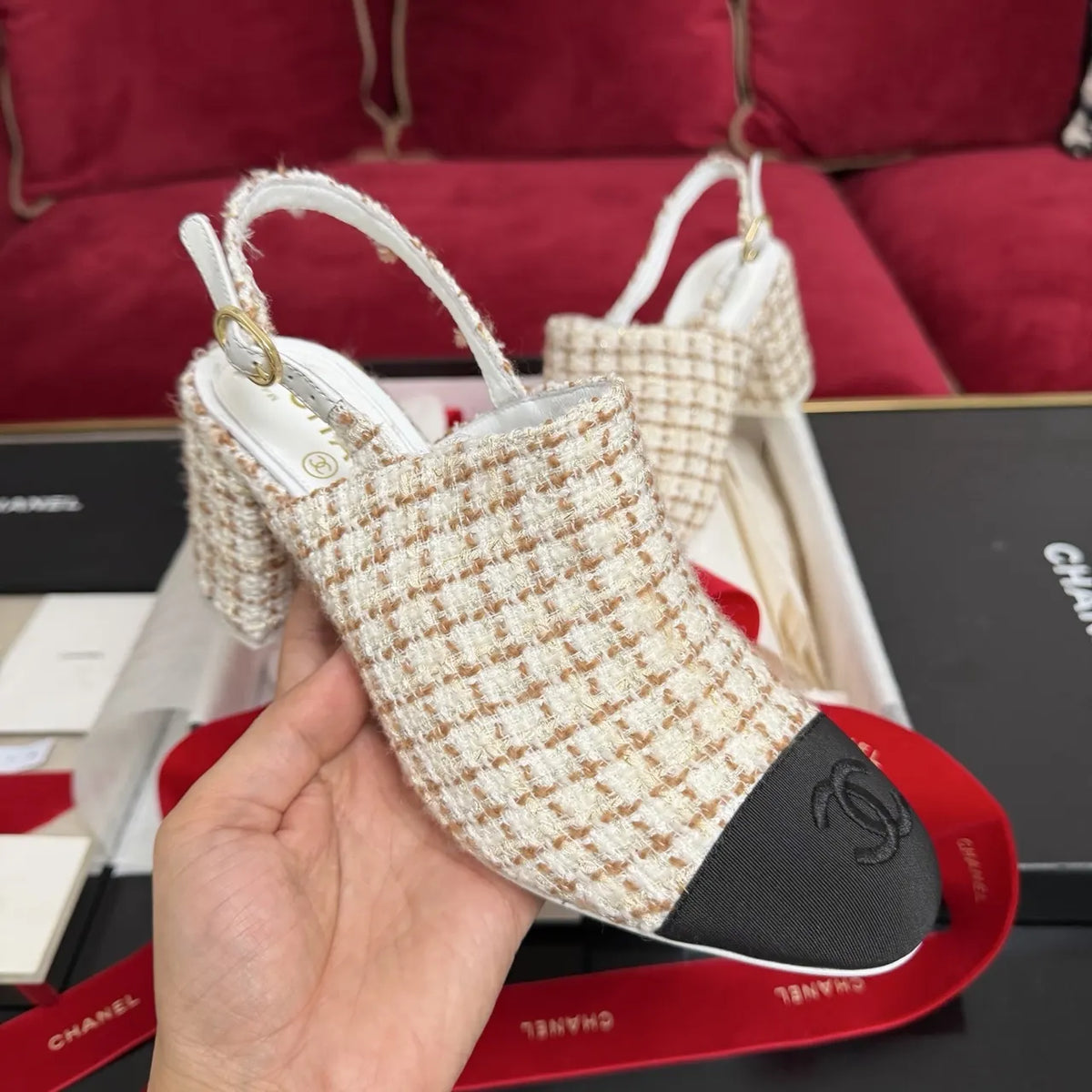 Chanel Tweed Slingback Heels black - Hình 4