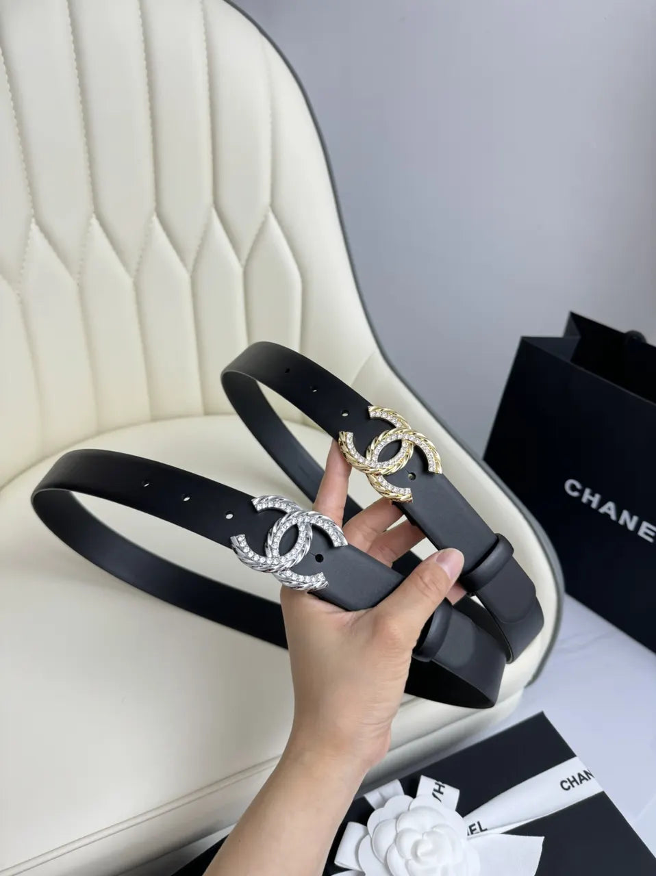 leather buckle Chanel Crystal CC Black Belt - Hình 7