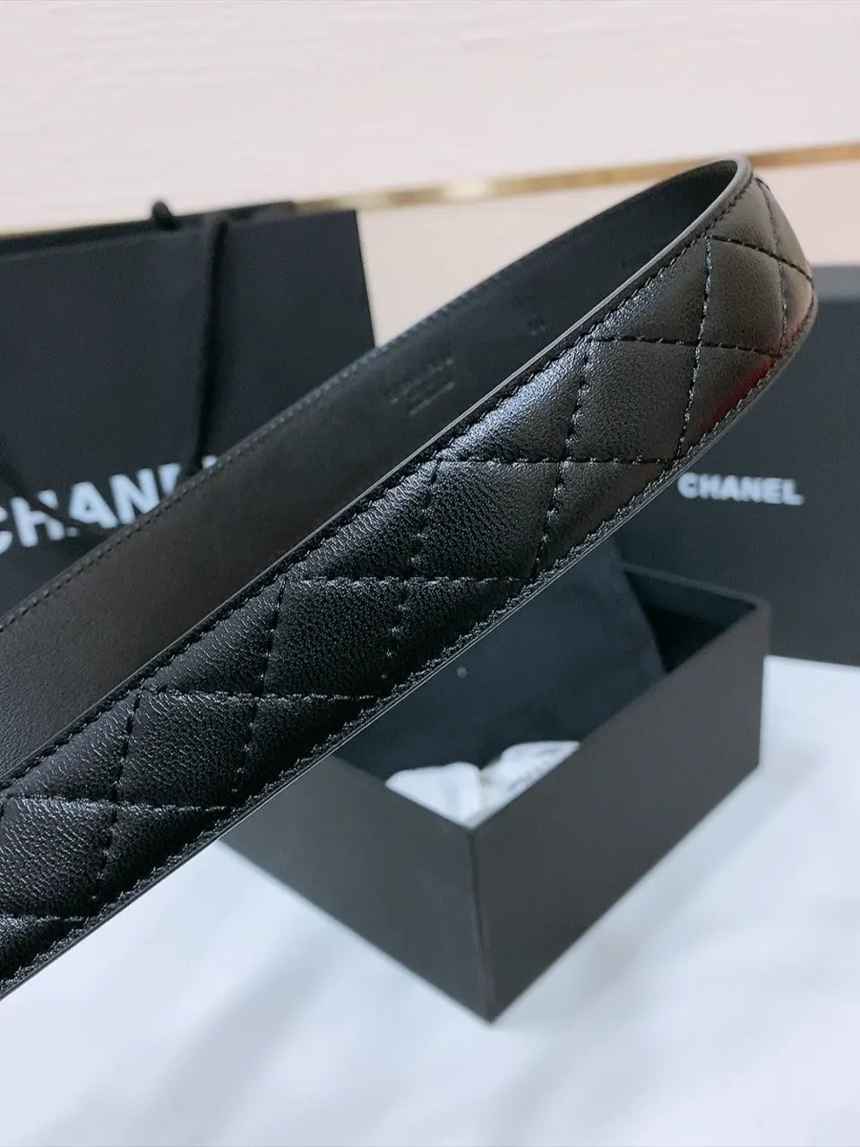 silver Chanel Quilted Black Leather Belt - Hình 5