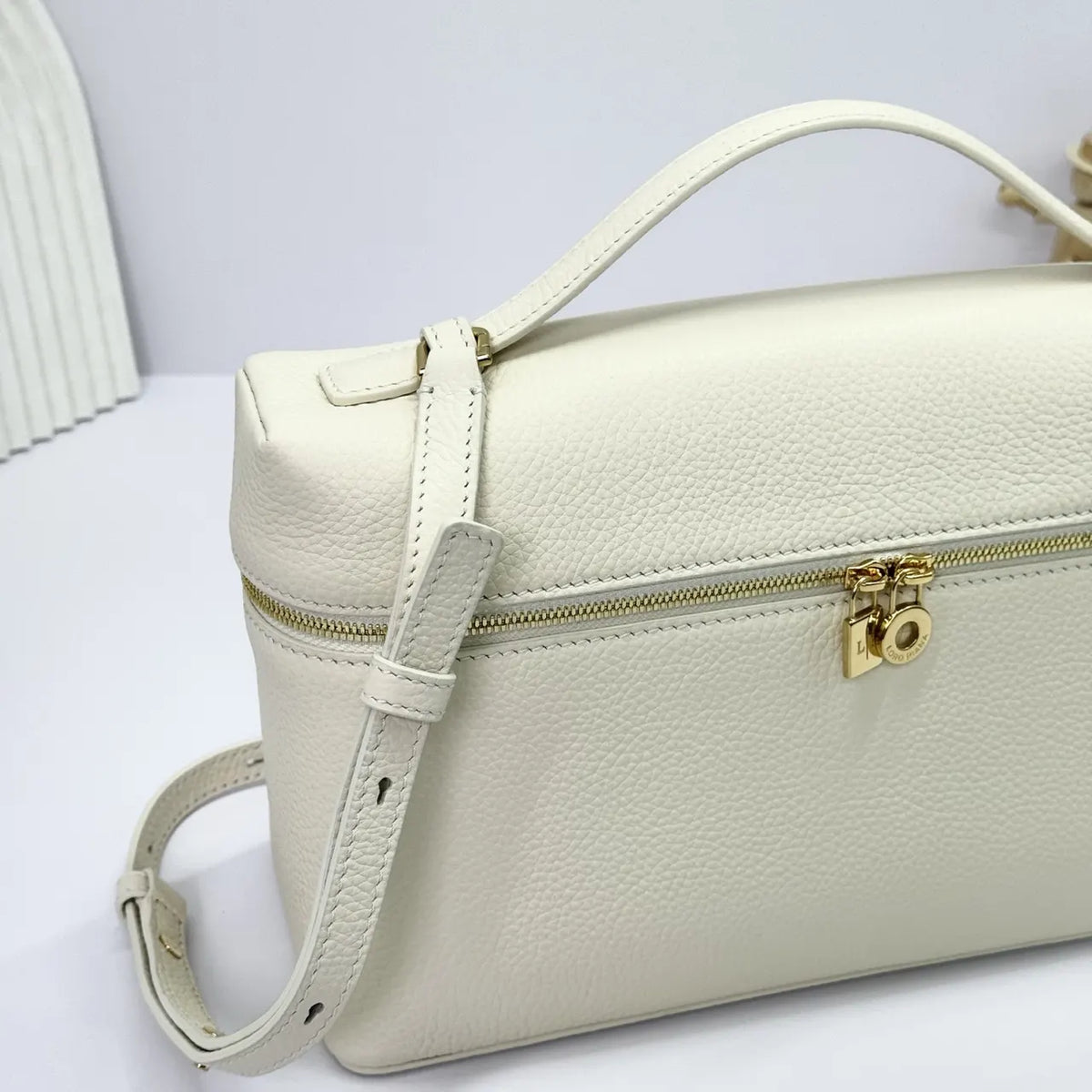 leather Loro Piana Cream Box Bag - Hình 7