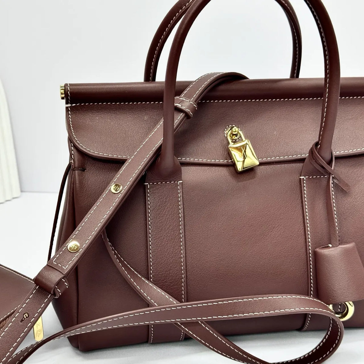 leather Loro Piana Burgundy Sesia Bag - Hình 8