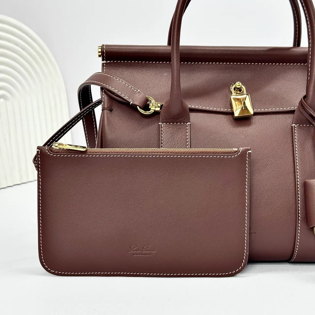 leather Loro Piana Burgundy Sesia Bag - Hình 7