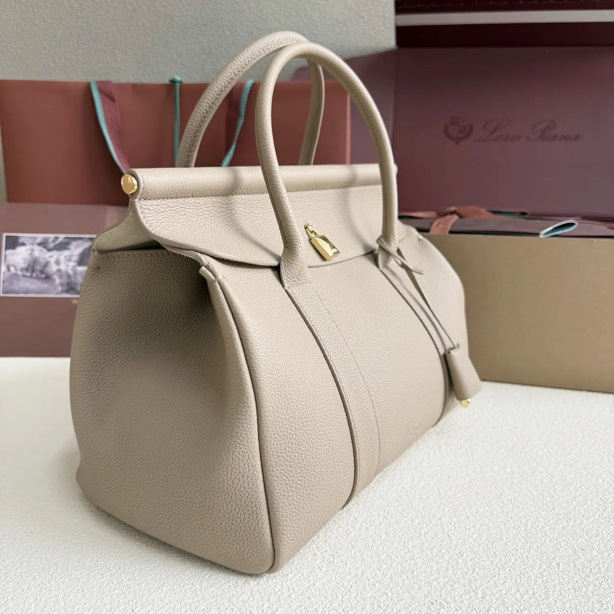 Loro Piana Greige Leather Handle Bag - Hình 3