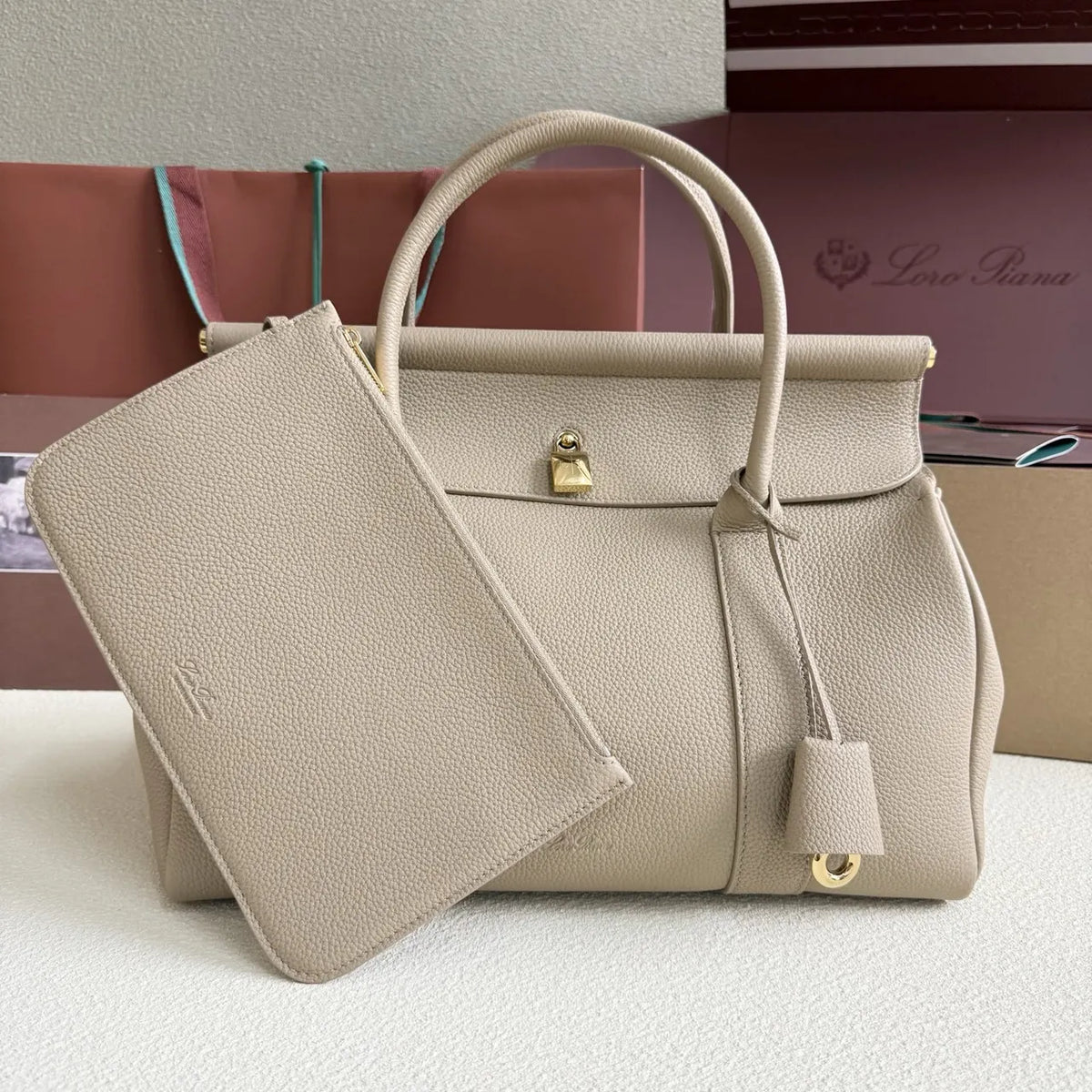 Loro Piana Greige Leather Handle Bag - Hình 2