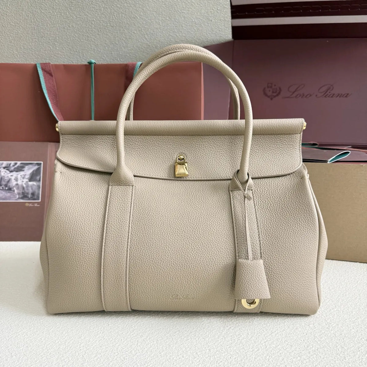 Loro Piana Greige Leather Handle Bag