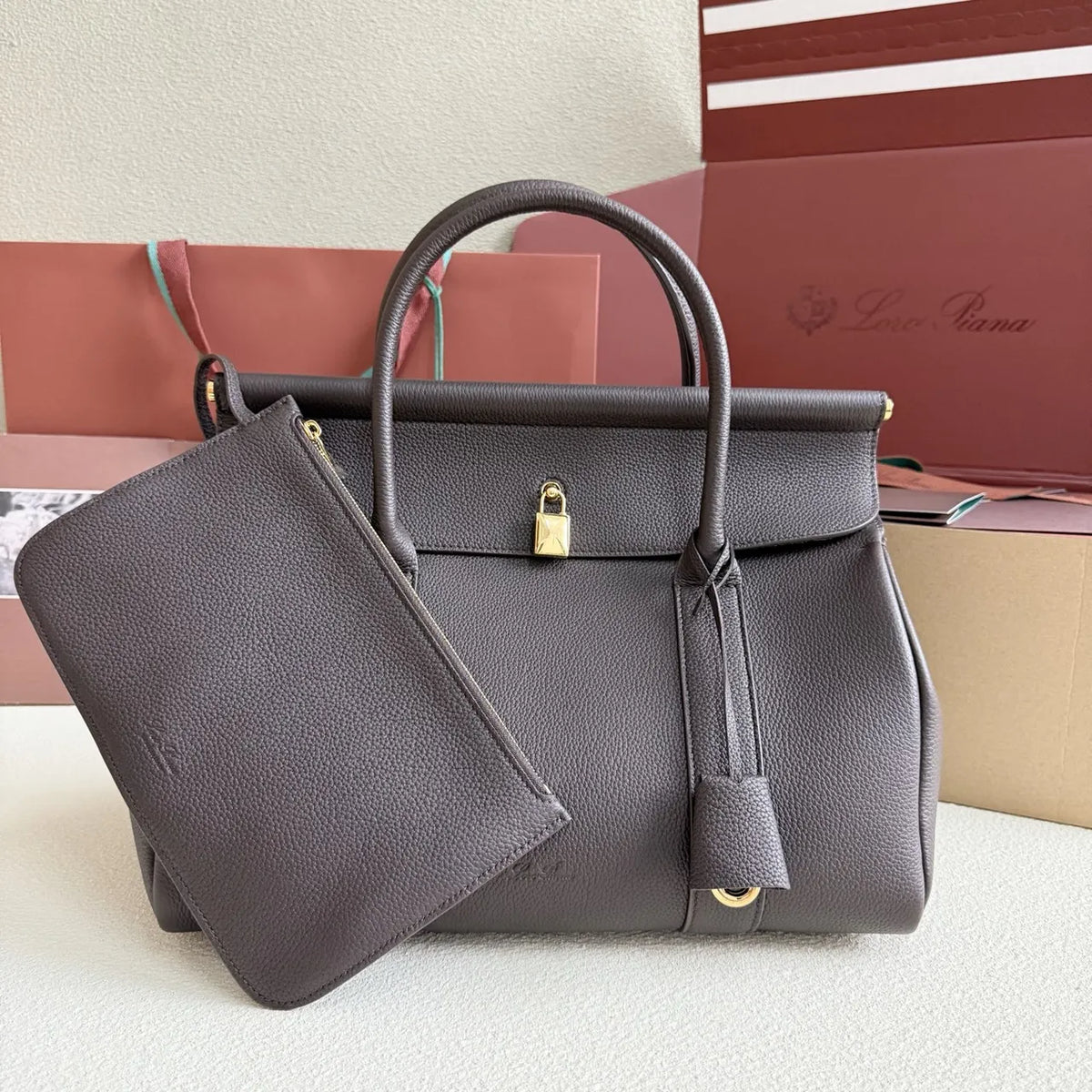 Loro Piana Brown Lock Bag - Hình 2