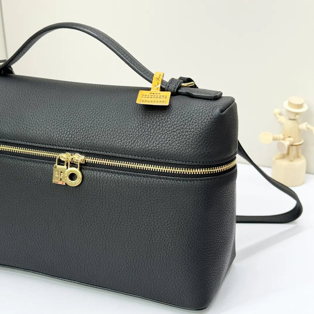 handle Loro Piana Black Leather Vanity Case - Hình 7