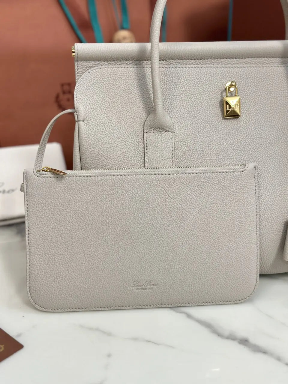 Loro Piana Oyster White Leather Handbag - Hình 6