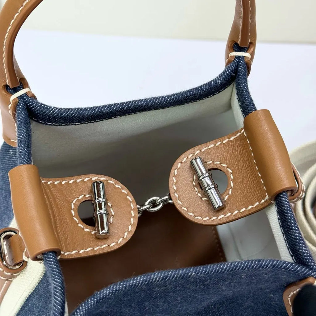 Denim Leather Bucket Bag - Hình 4
