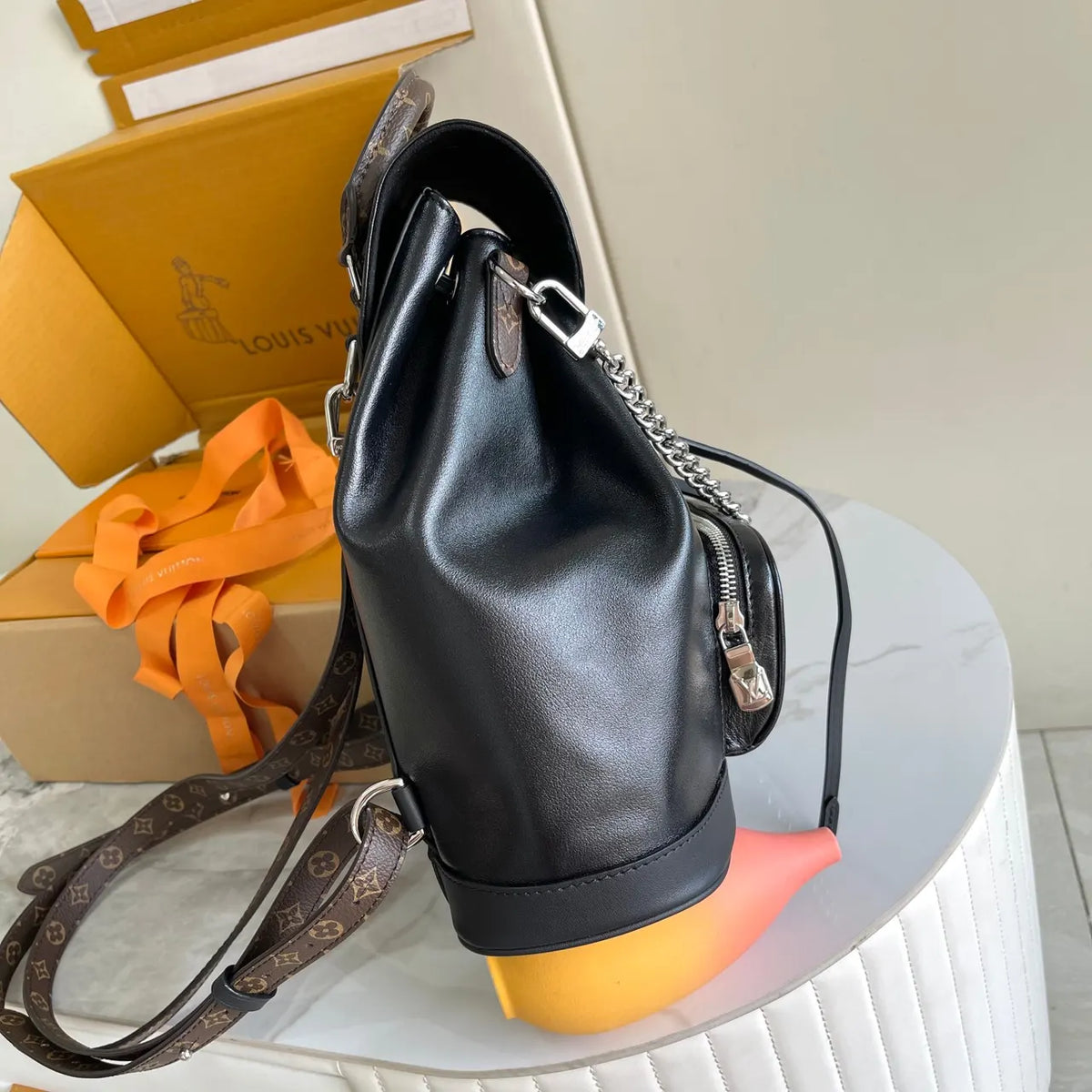 LV Black Leather Chain Backpack