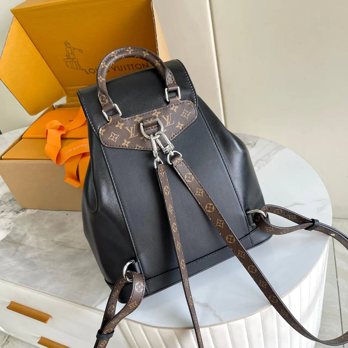 LV Black Leather Chain Backpack - Hình 2