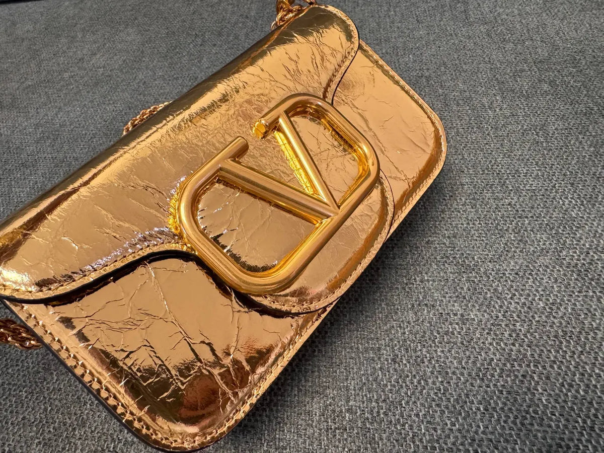 Valentino Gold Crackled Leather Bag - Hình 3