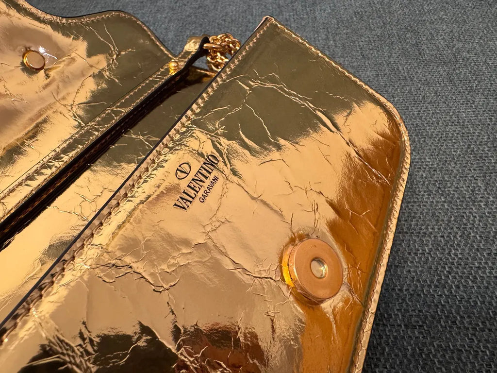 Valentino Gold Crackled Leather Bag - Hình 8