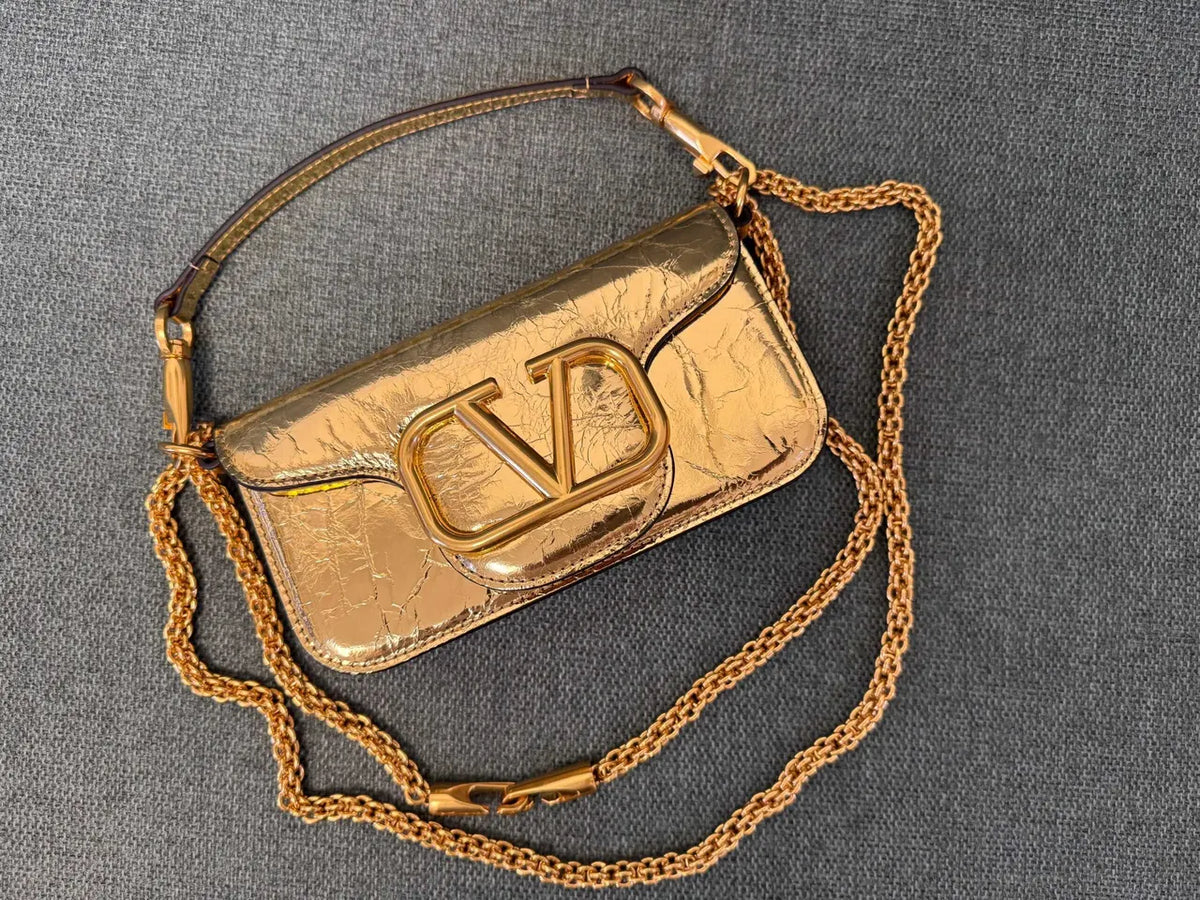 Valentino Gold Crackled Leather Bag - Hình 9