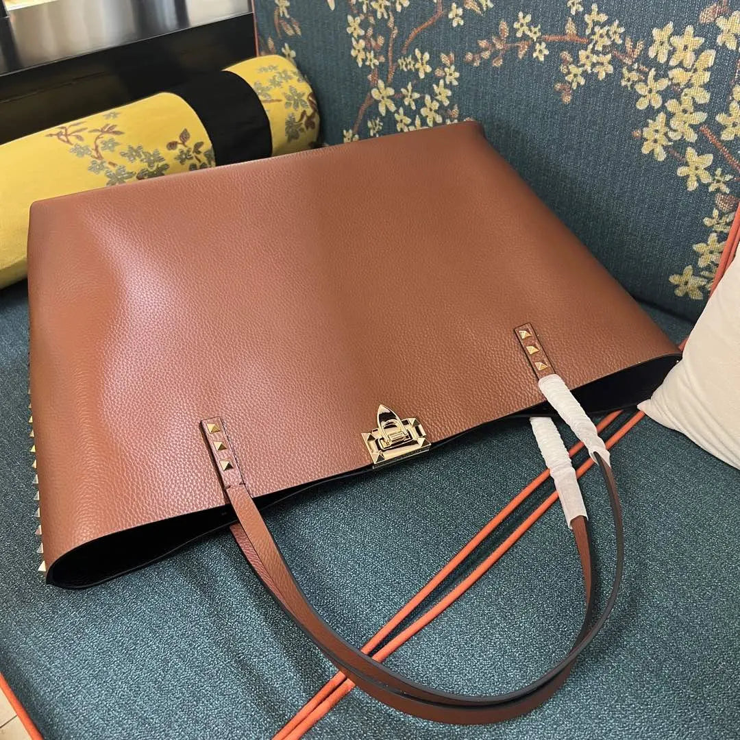 grained Valentino Caramel Rockstud Tote