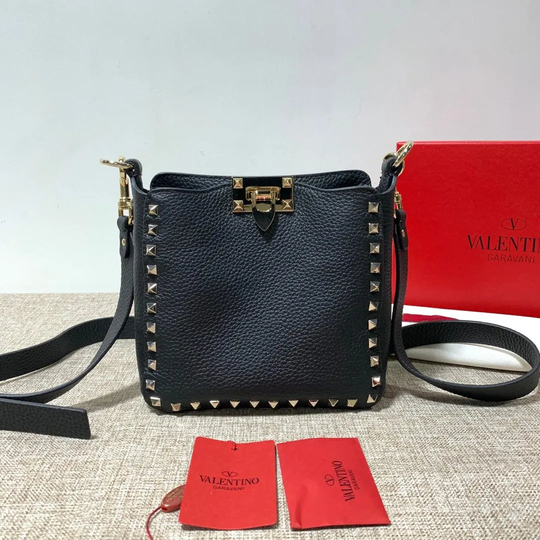 grain Valentino Black Studded Bucket Bag