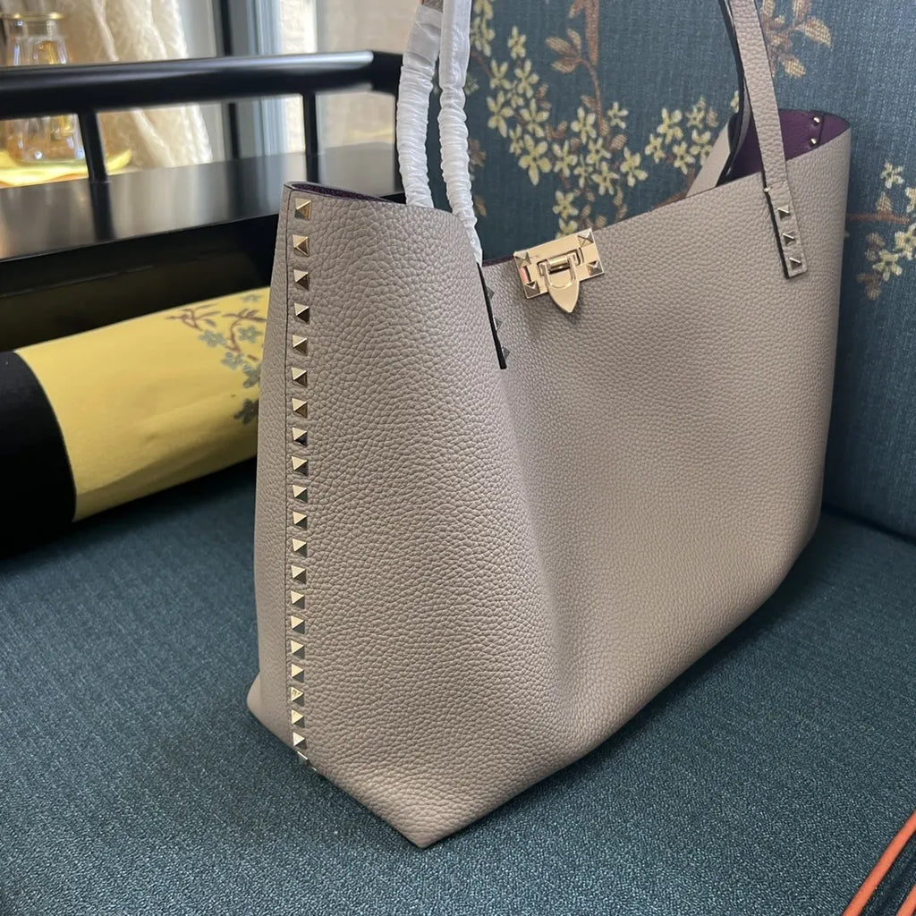 Valentino Taupe Roman Stud Tote - Hình 3