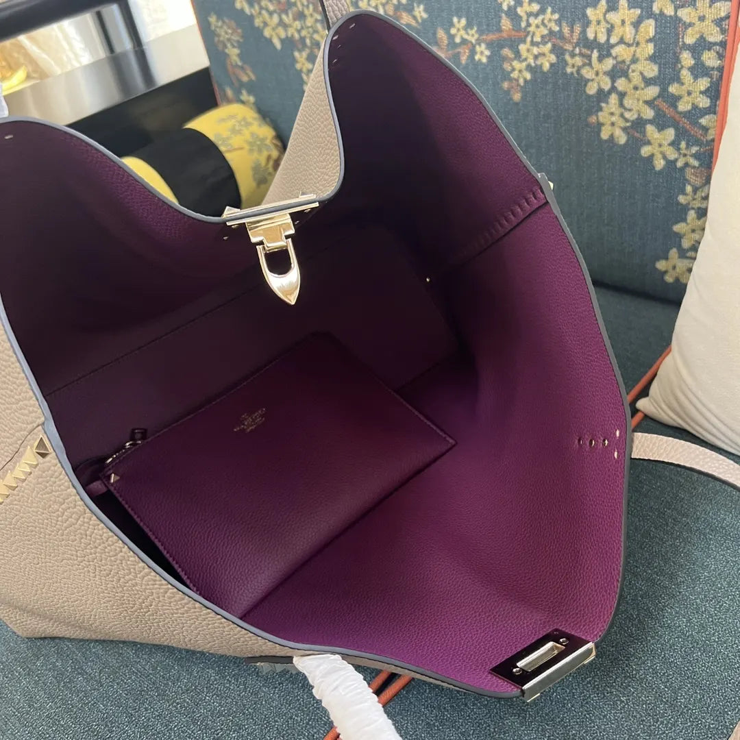 Valentino Taupe Roman Stud Tote - Hình 6
