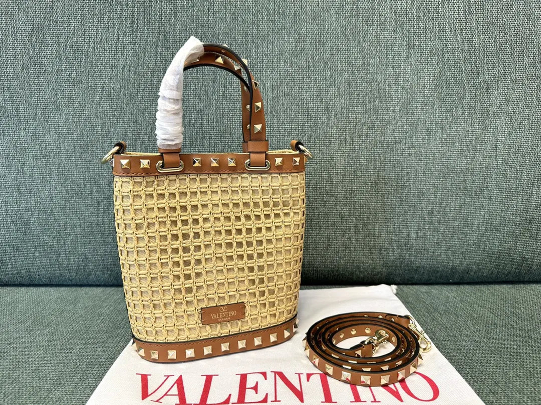 studded Valentino Raffia Bucket Bag