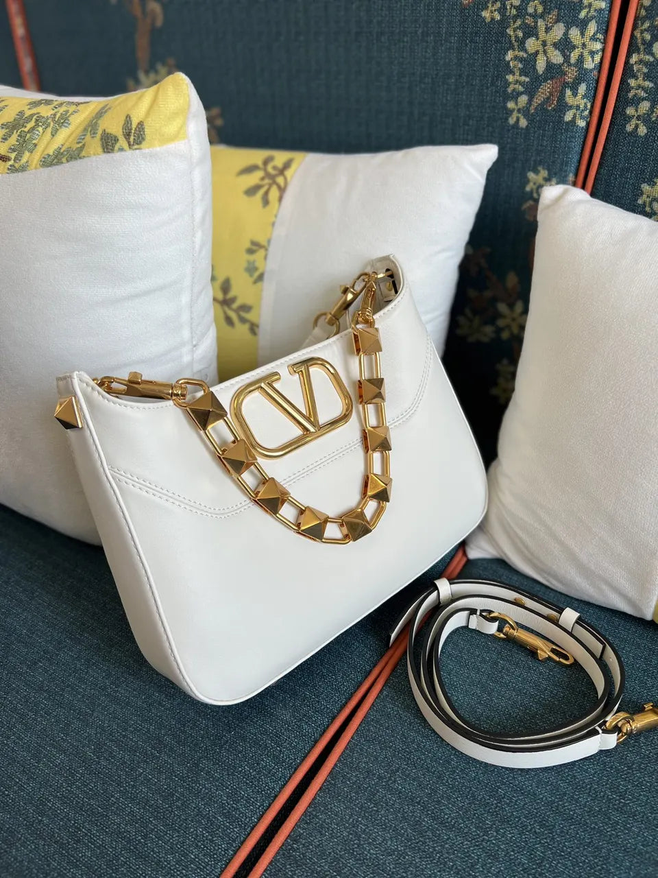 gold Valentino White Leather Shoulder Bag