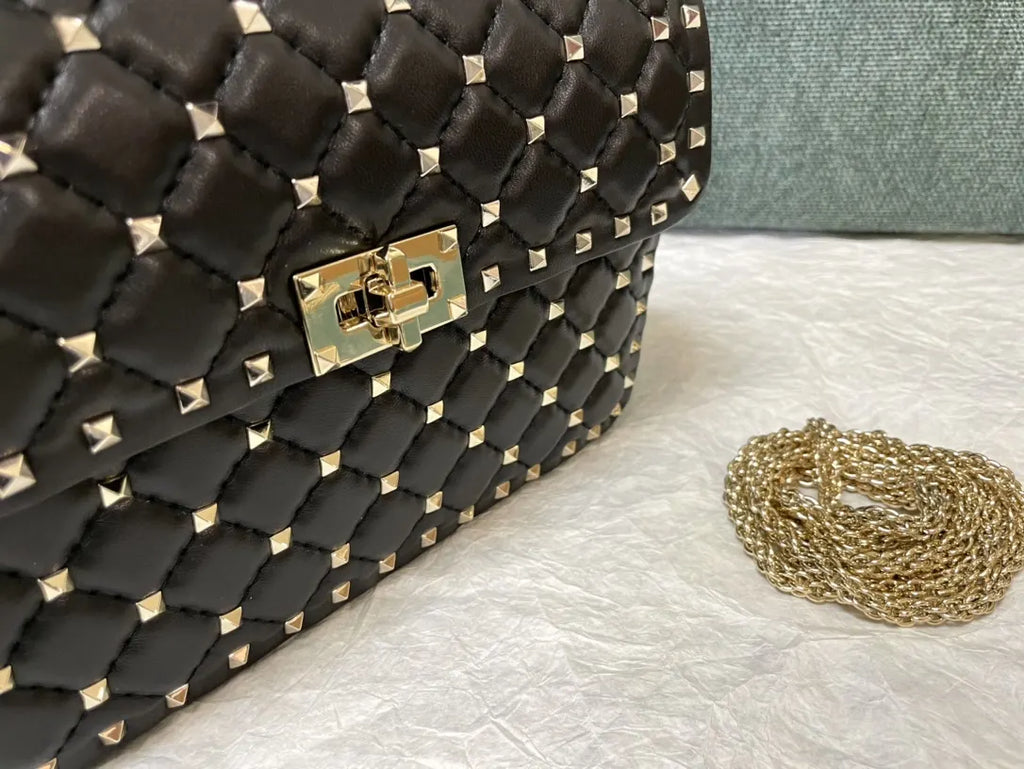 gold Valentino Black Rockstud Flap Bag - Hình 2