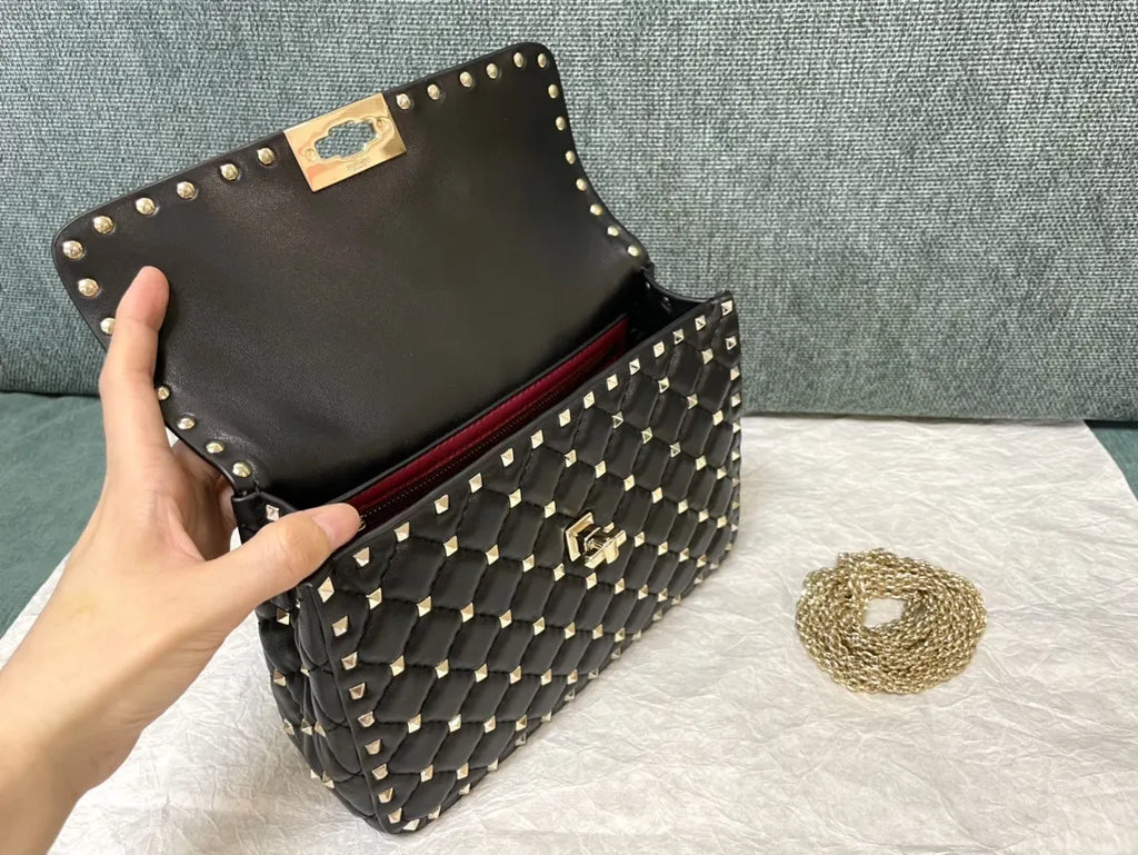 gold Valentino Black Rockstud Flap Bag - Hình 8