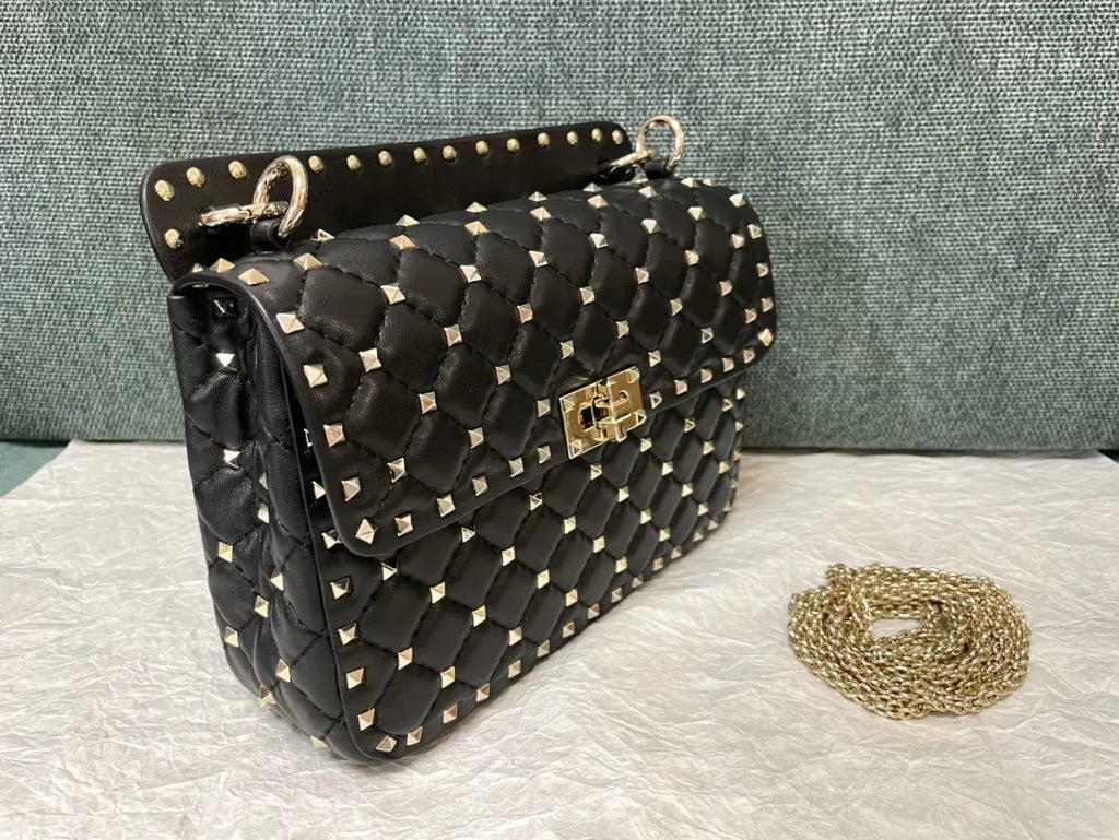 gold Valentino Black Rockstud Flap Bag - Hình 6