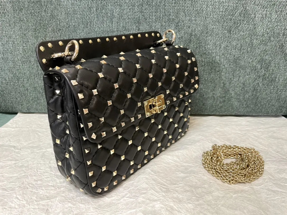 gold Valentino Black Rockstud Flap Bag - Hình 6