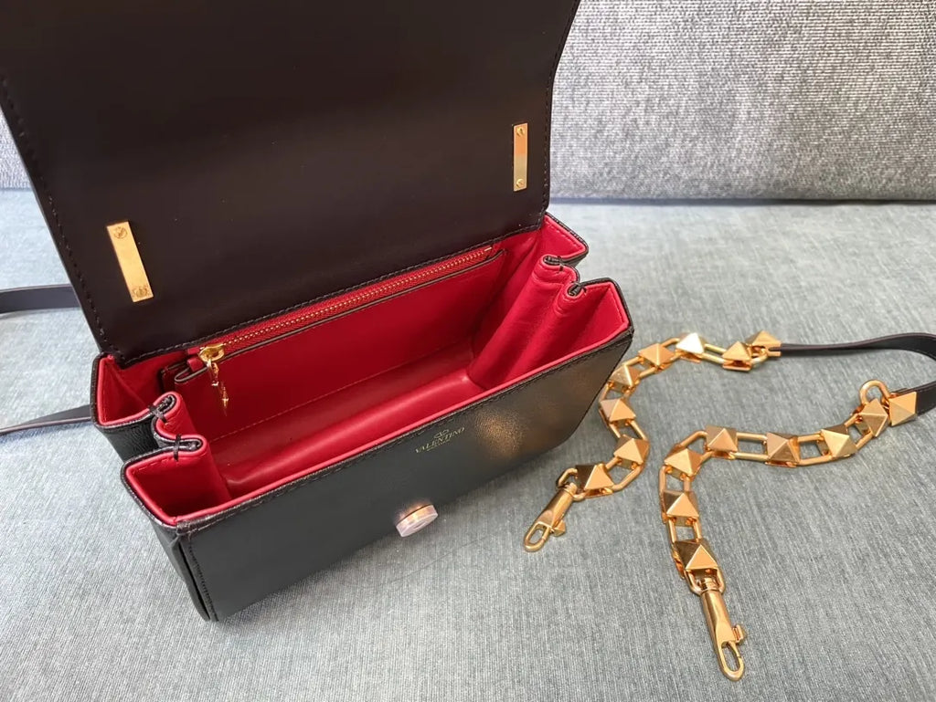 Valentino Black Grain Leather Bag gold - Hình 7