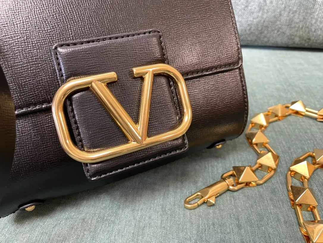 Valentino Black Grain Leather Bag gold - Hình 2