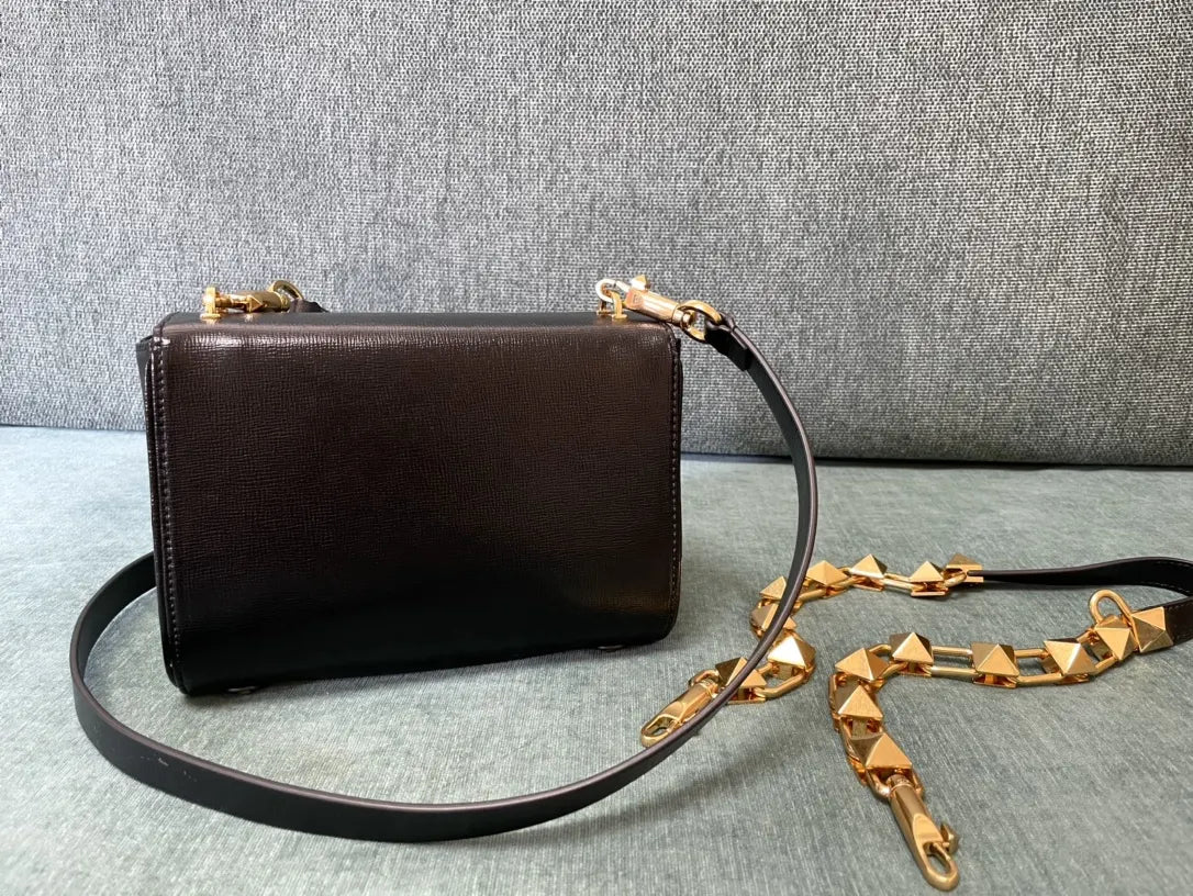 Valentino Black Grain Leather Bag gold - Hình 6