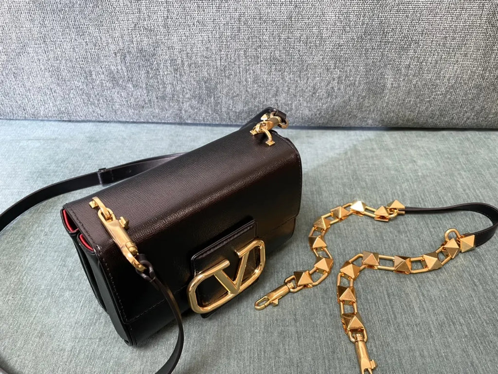 Valentino Black Grain Leather Bag gold - Hình 3