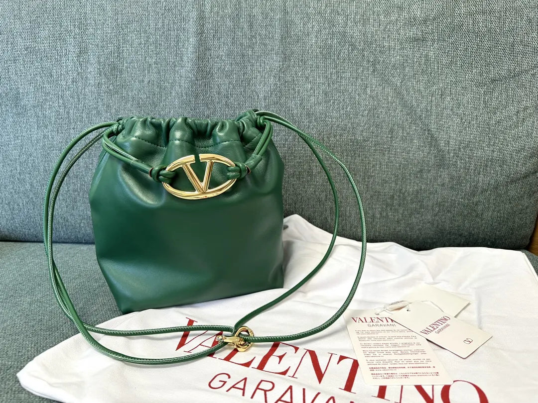 gold Valentino Green Drawstring Bag