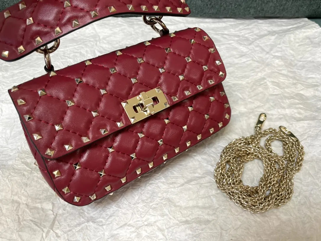 Valentino Burgundy Quilted Rockstud Bag